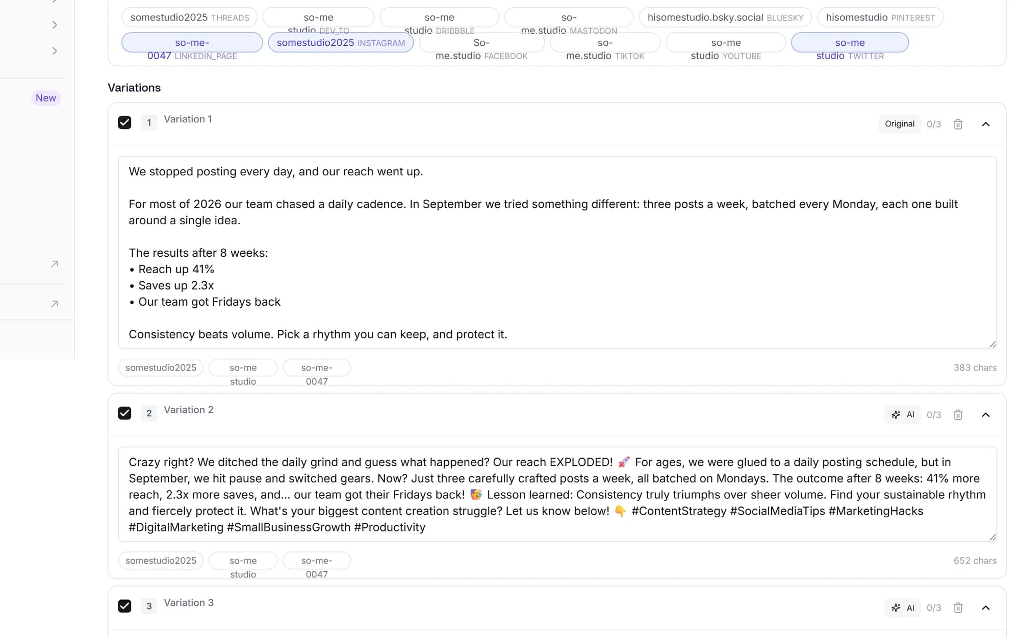 One post, every platform's format screenshot