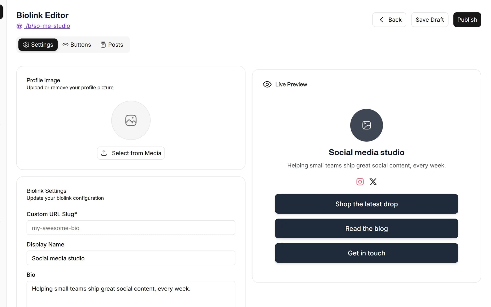 A bio-link page that looks like your brand screenshot