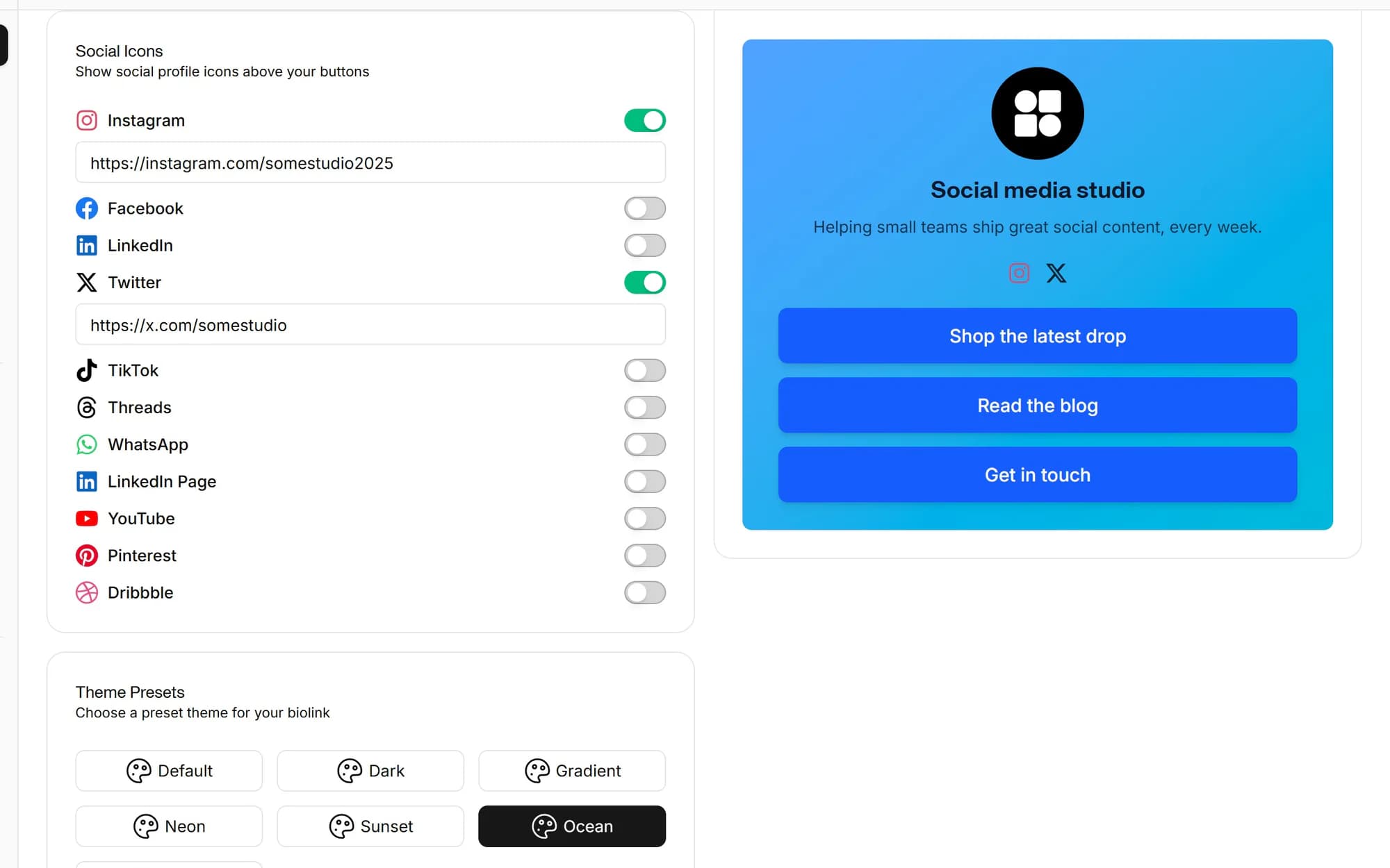 Themes, colors, and an Instagram grid screenshot