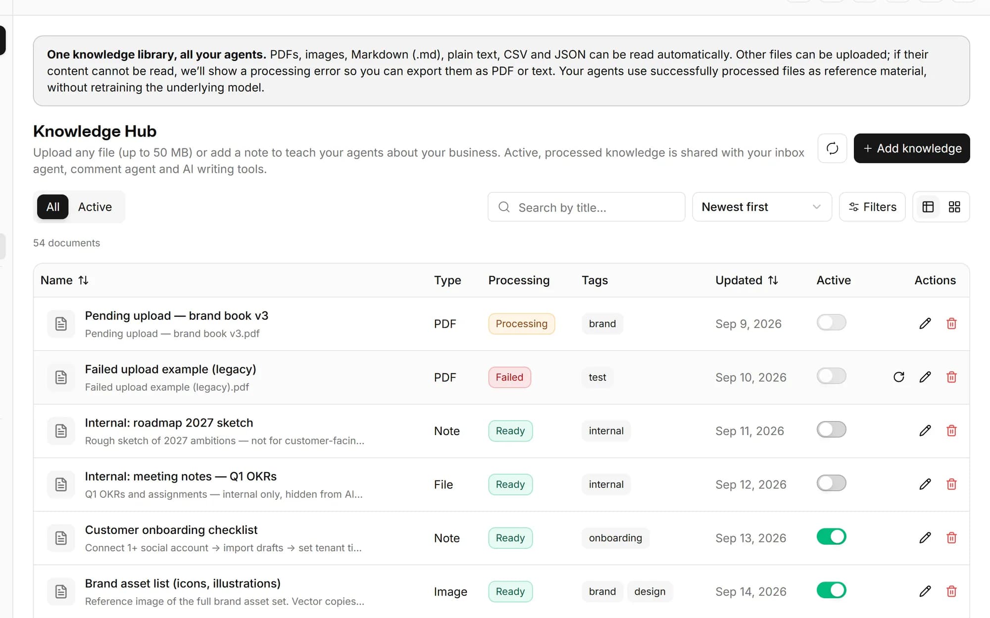 Knowledge documents that teach the AI your brand screenshot