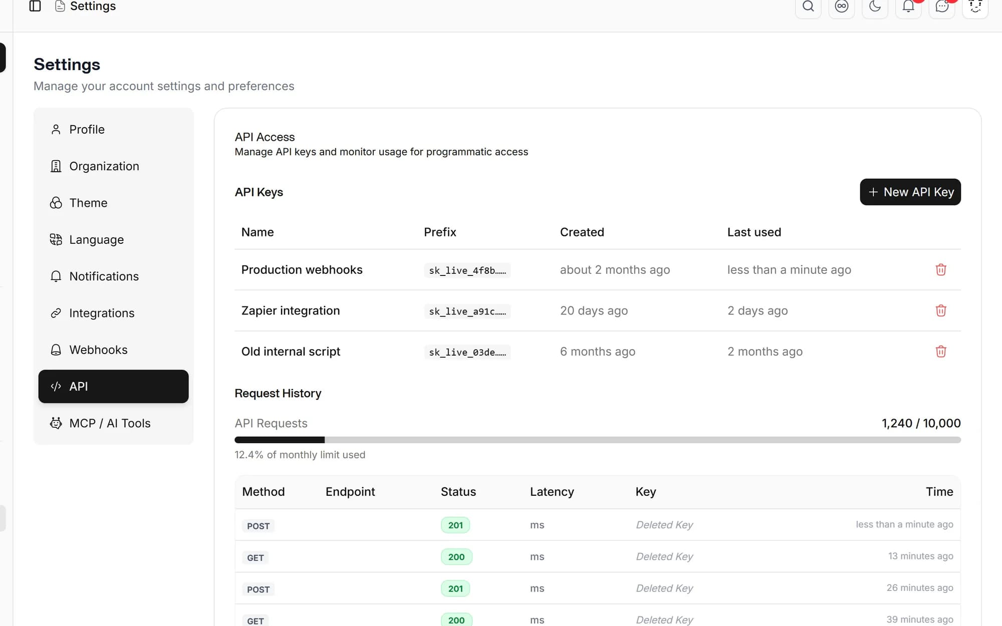API keys and request history