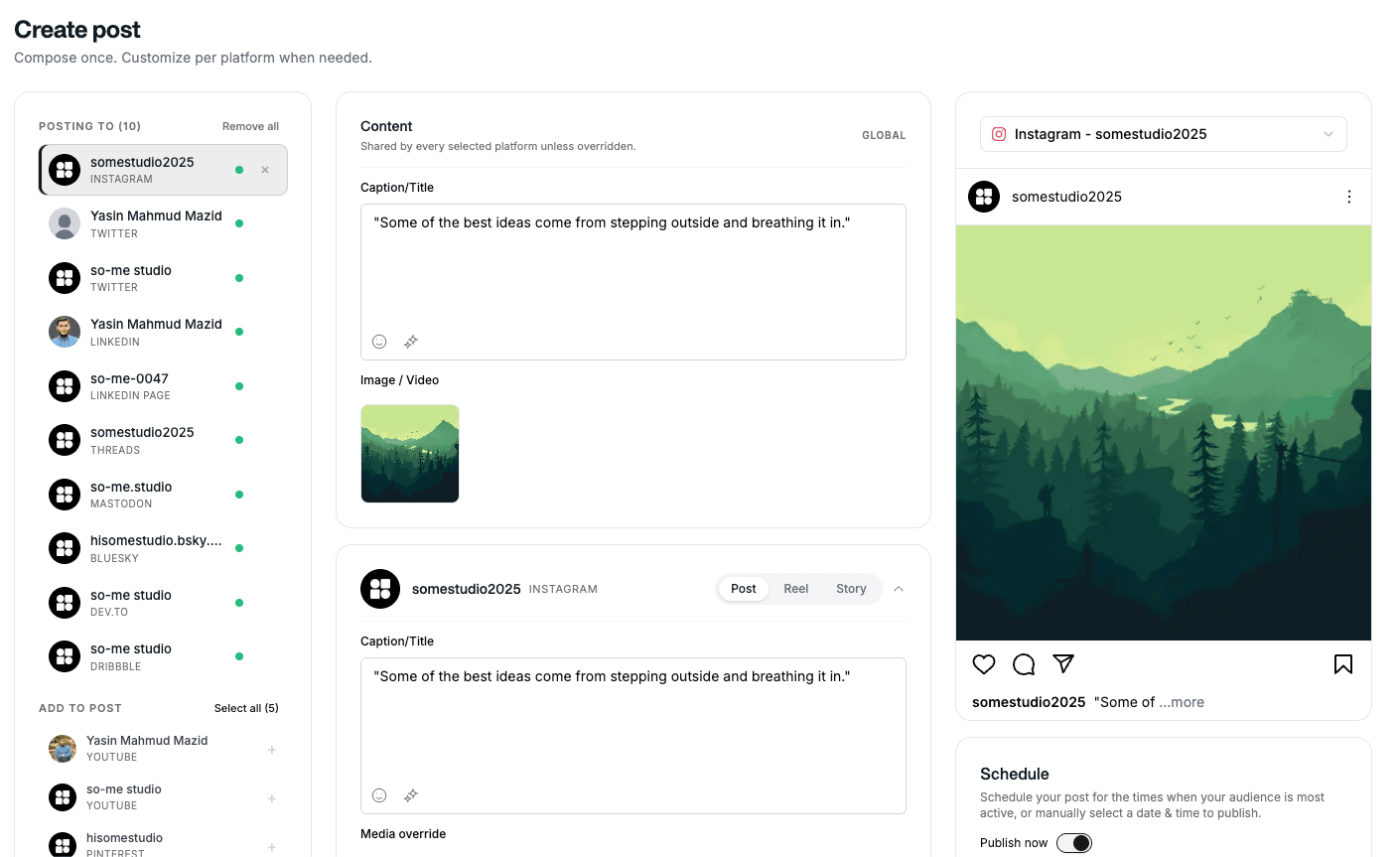 Screenshot von Ein Post, das Format jeder Plattform